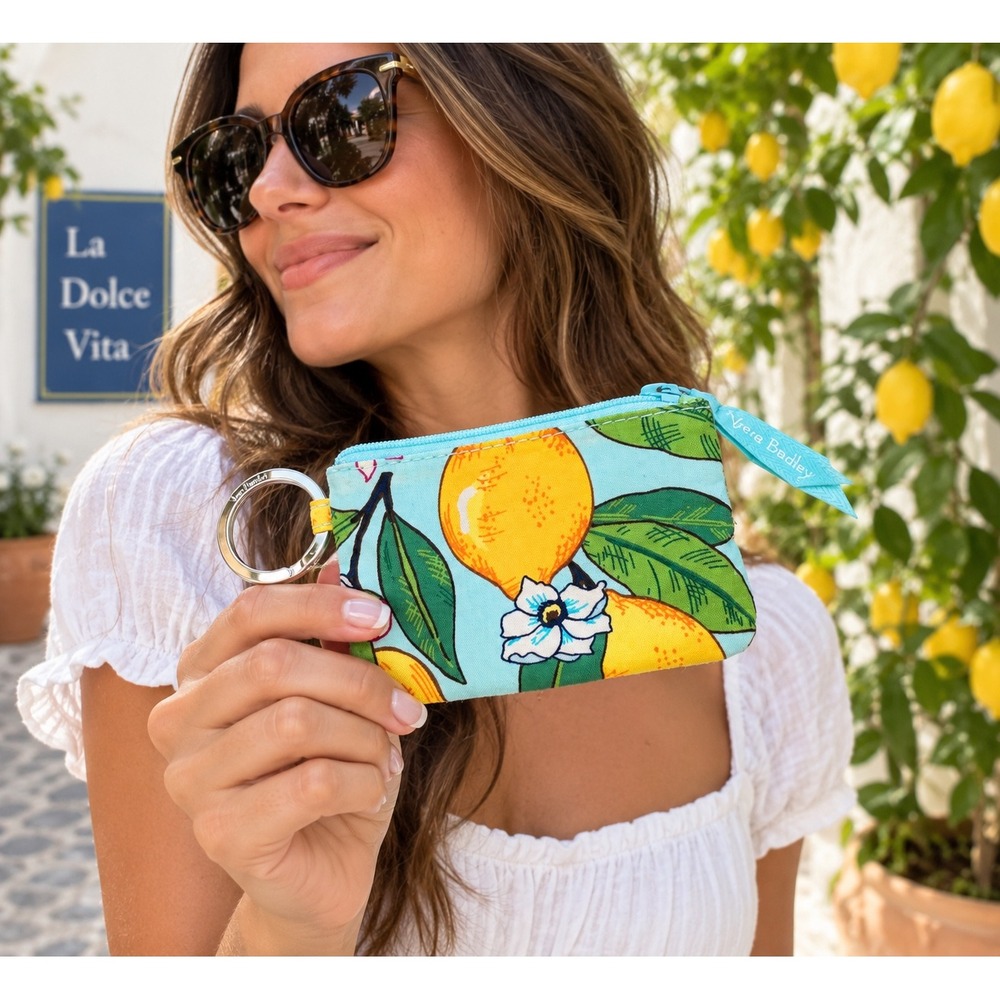 Vera Bradley Zip ID Case Women Small Blue Lemon Grove Floral Keychain Wallet